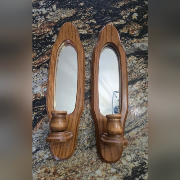 Vintage Interior Homes Oak Wood Mirrored Candle Holders